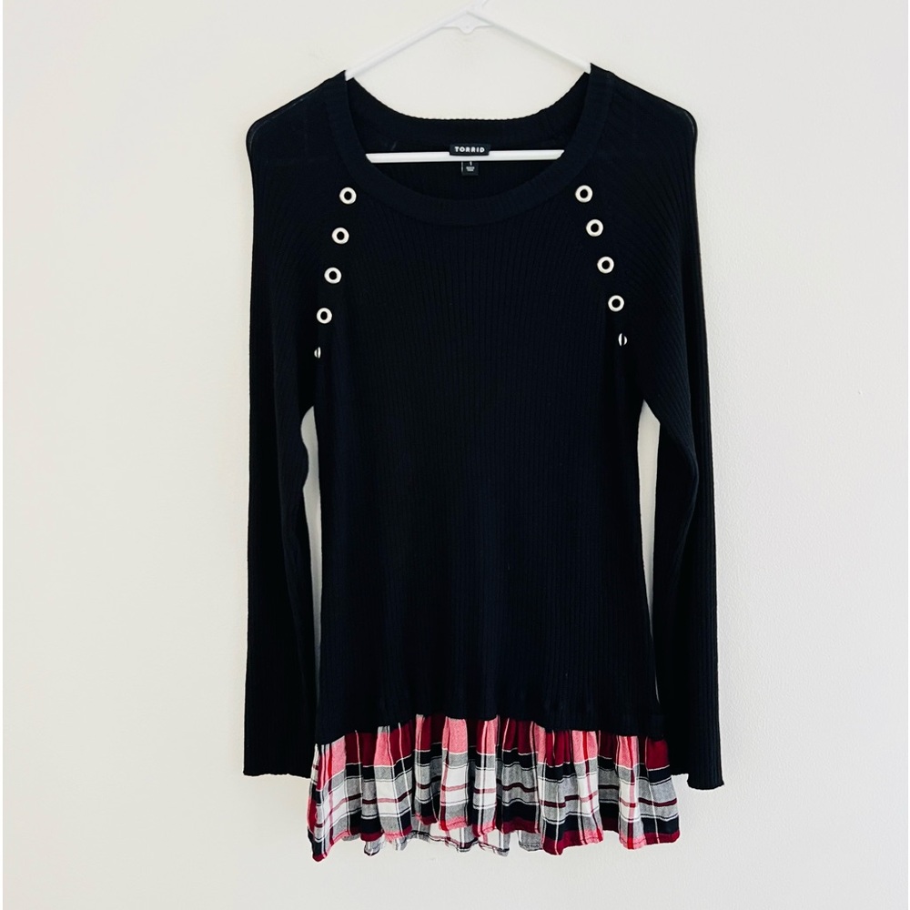 Torrid Black Sweater with Plaid Hem